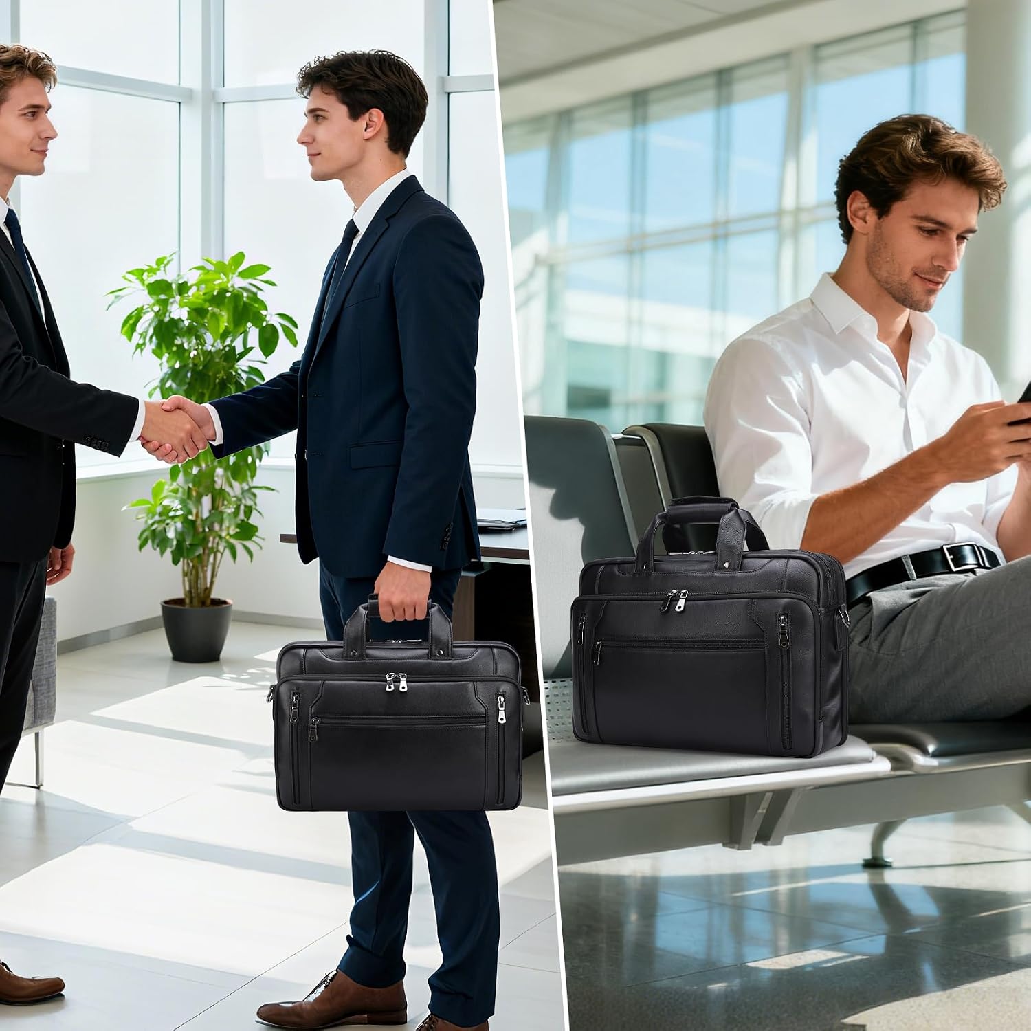 Masa Kawa Black Leather Briefcase for Men, Waterproof 16 Inch Laptop Computer Case, Crossbody Shoulder Messenger Bag for Business Travel, Office Work