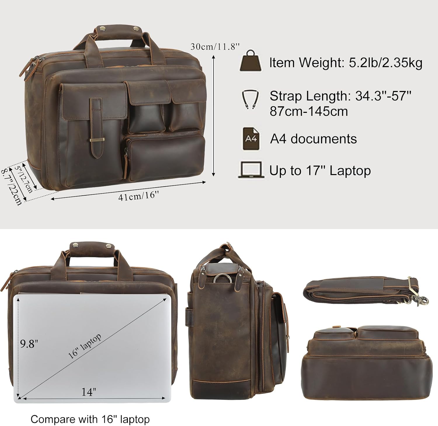 TIDING Full Grain Leather Briefcase For Men 17 Inch Laptop Case Business Travel Office Messenger Shoulder Bag
