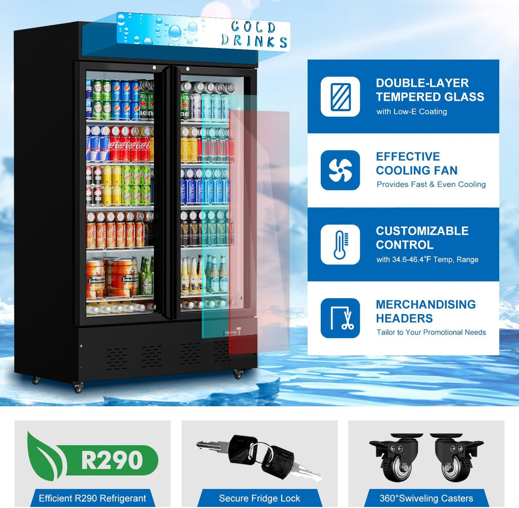 Commercial Glass Door Display Refrigerator 40 Cu.ft Cooler Commercial Display Beverage Refrigerators with LED Light and 10 Shelves for Cafe Restaurant Store Bar