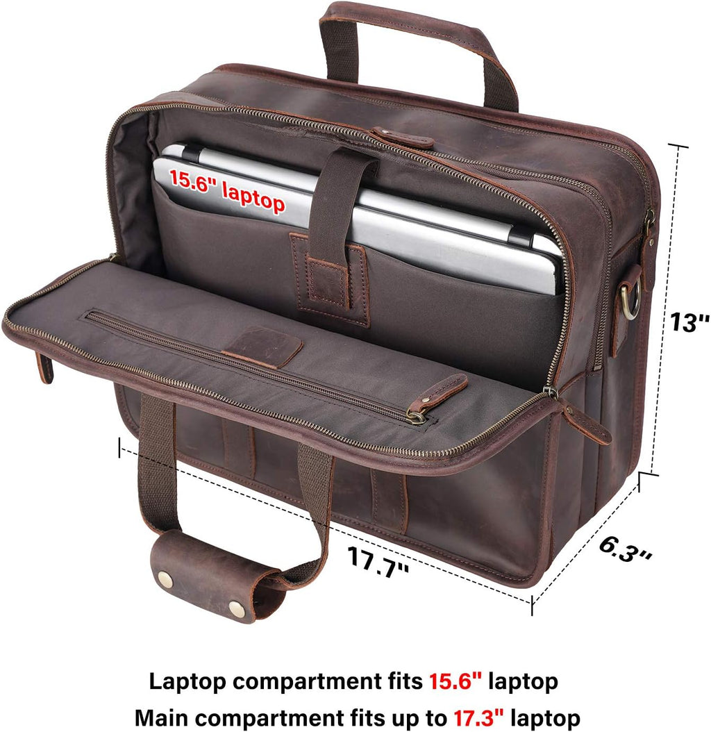 Men's Full Grain Leather Briefcase Large 17 Inch Business Travel Laptop Messenger Bag Tote with YKK Metal Zippers