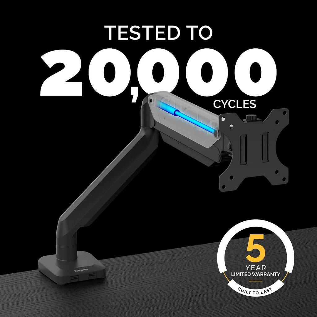 Fellowes Platinum Series Single Monitor Arm for 40-Inch Monitors, Full Motion, 360° Rotation, VESA Mount with Grommet or Clamp, USB Ports, Ergonomic, Black, 8043301