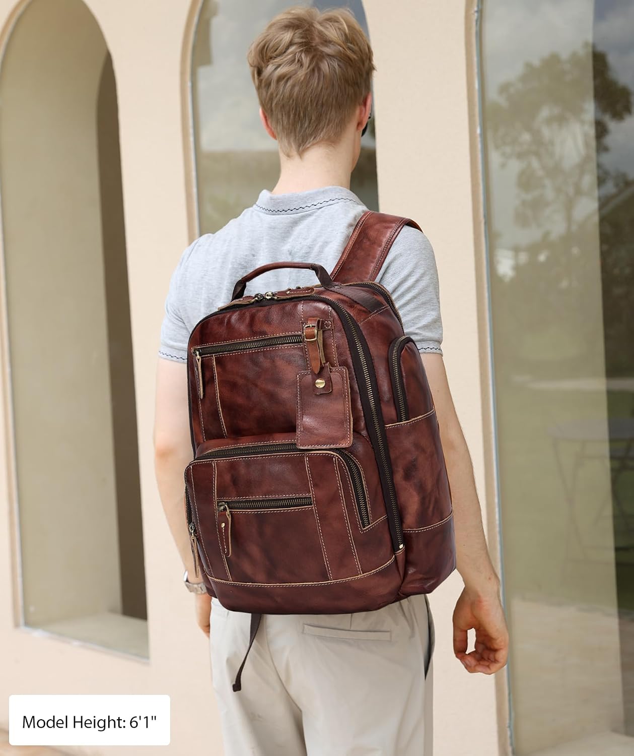 LANNSYNE Full Grain Leather Backpack For Men, Fits 16' Laptop, Coffee