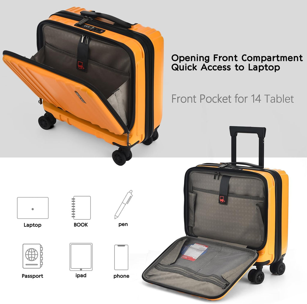 TydeCkare 16' Carry on Luggage with 2 Laptop Compartments, Lightweight Hardshell ABS+PC Suitcase with Dual Control TSA Lock, with YKK Zipper, 4 Spinner Silent Wheels, for Business Travel, Orange