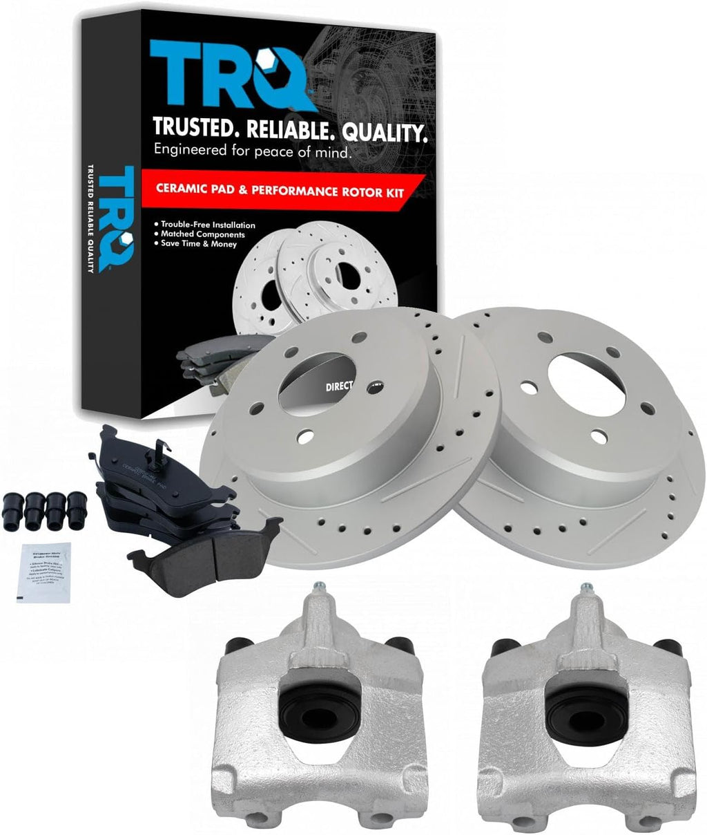 TRQ Performance Rear Brake Pad and Rotor Set Ceramic Coated Drilled Slotted Vented Rotors Calipers Compatible with 2001-2007 Chrysler Town & Country Dodge Caravan Grand Caravan