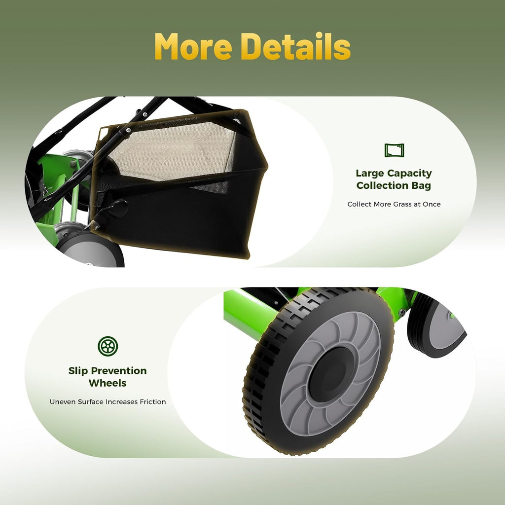 20' Push Reel Lawn Mower,5 Blades Cordless Manual Reel Lawn Mower, 1.3-2.5 Inch Adjustable Cutting Height, Manual Push Mower with Grass Catcher Bag