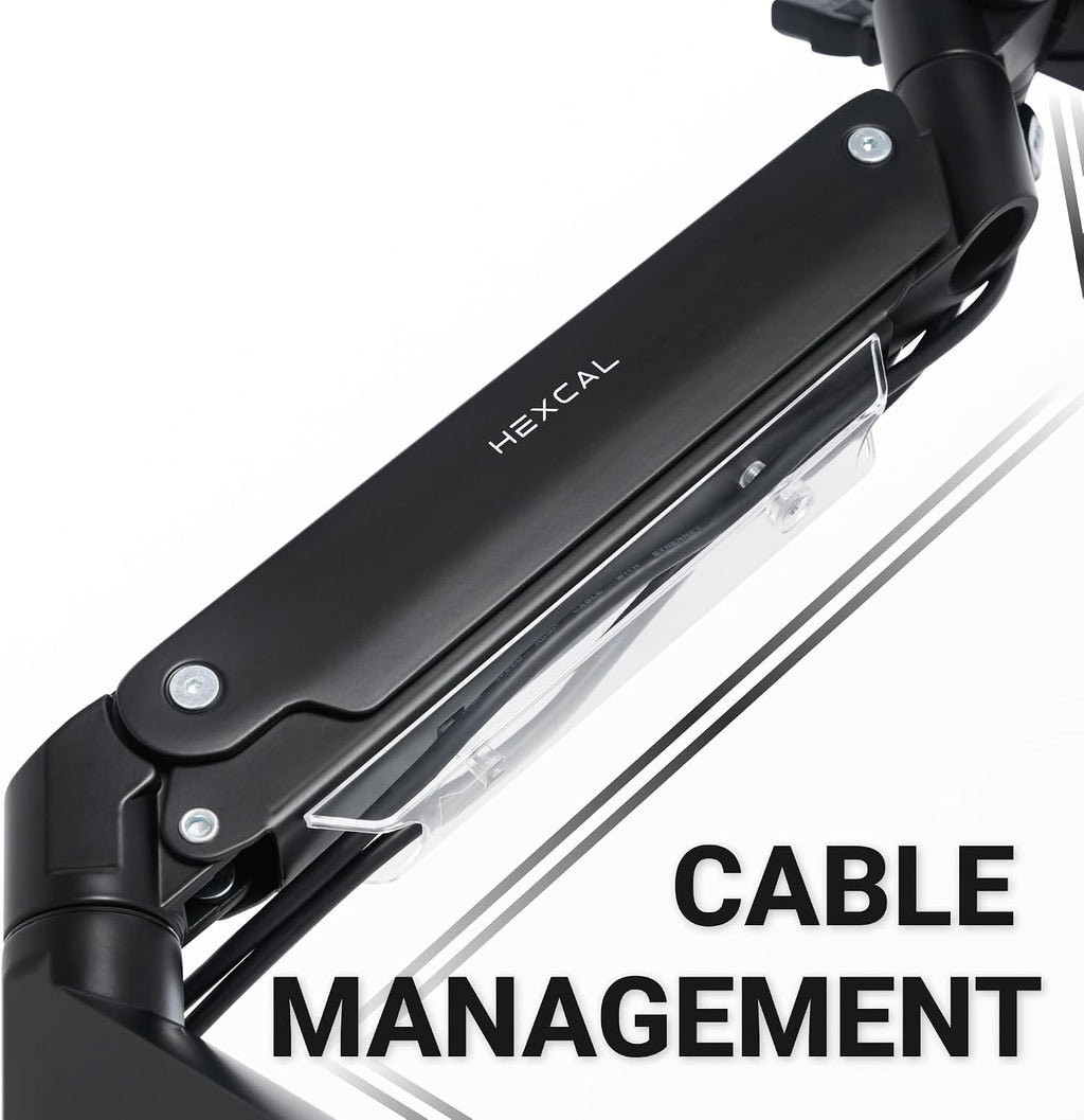 Hexcal Heavy Duty Monitor Arm for 57' Ultrawide Screens, Support up to 59.4 lbs, Full Motion Desk Mount with Quick Release VESA (75/100/200mm), C-Clamp & Grommet Base, Space-Saving Design