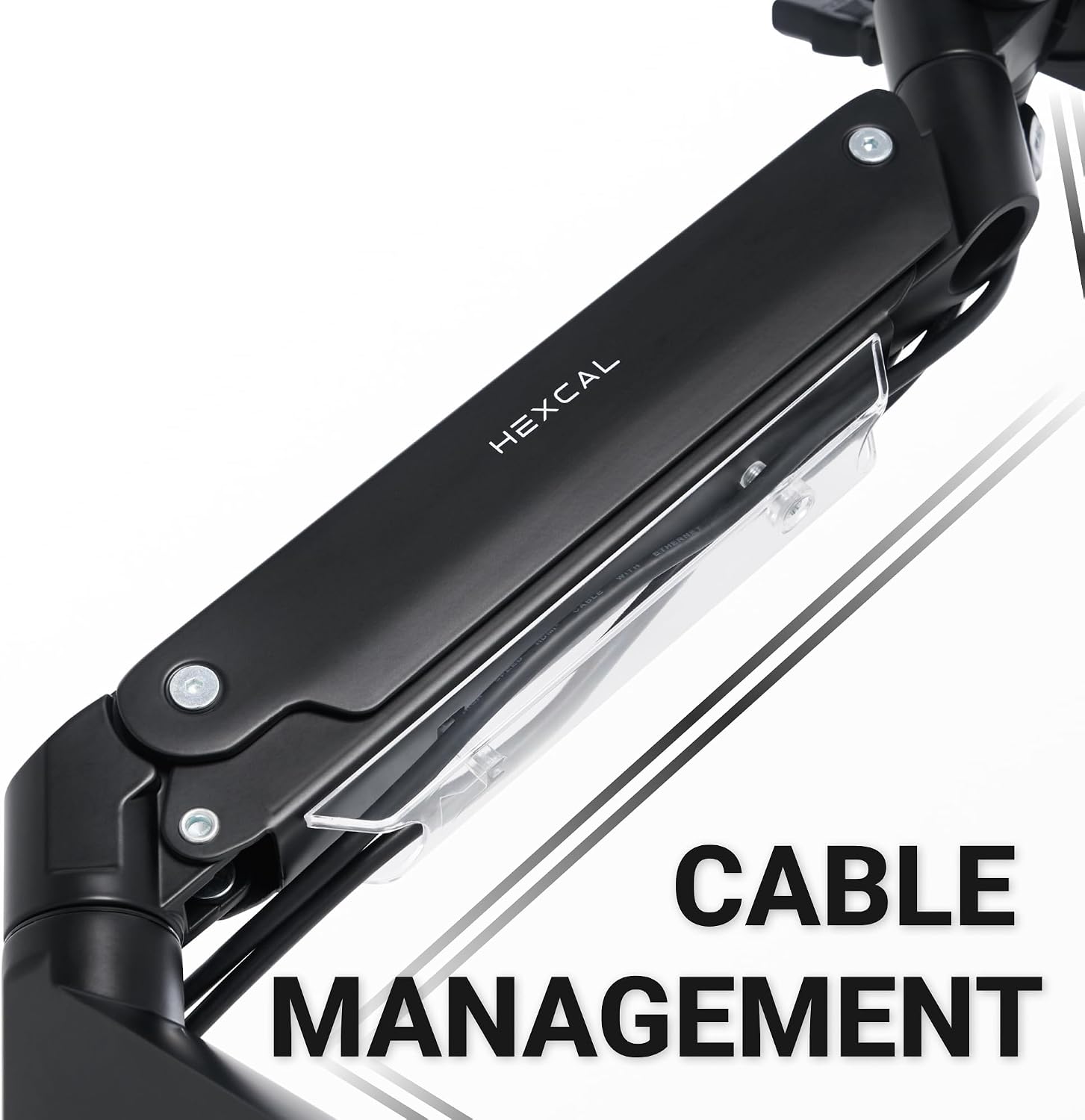 Hexcal Heavy Duty Monitor Arm for 57' Ultrawide Screens, Support up to 59.4 lbs, Full Motion Desk Mount with Quick Release VESA (75/100/200mm), C-Clamp & Grommet Base, Space-Saving Design