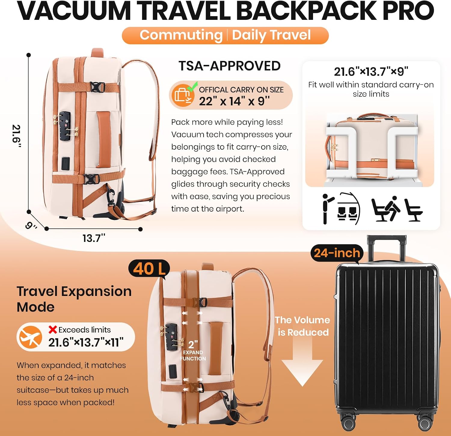 Fanwoli Vacuum Rolling Travel Backpack,Carry On Luggage with TSA Lock & Anti Theft Zipper,70L Expandable Airbag Backpack with Compression Pump,Waterproof Laptop Bag Ideal for Flight & Business,White