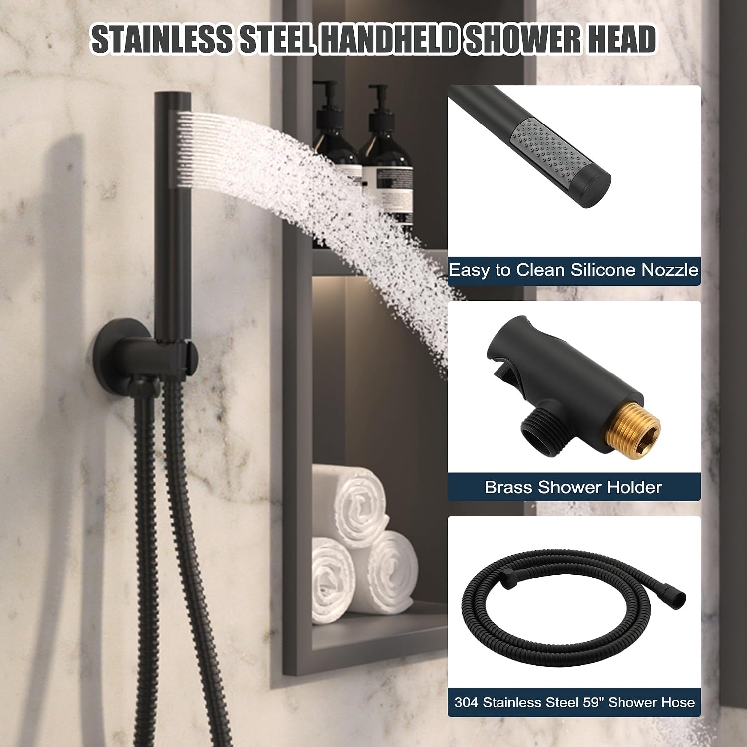 MONDAWE Round Shower Faucet Set with Tub Spout, Wall Mounted Shower System 10 Inch Rainfall Shower Head with Handheld Combo, Matte Black High Pressure Shower Faucets Sets Complete