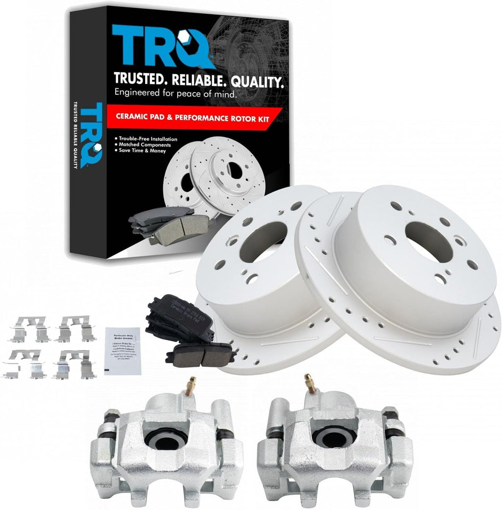TRQ Performance Rear Brake Pad and Rotor Set Ceramic Drilled Slotted Solid Rotors Calipers Compatible with 2002-2003 Lexus ES300 2004-2006 ES330 2002-2006 Toyota Camry