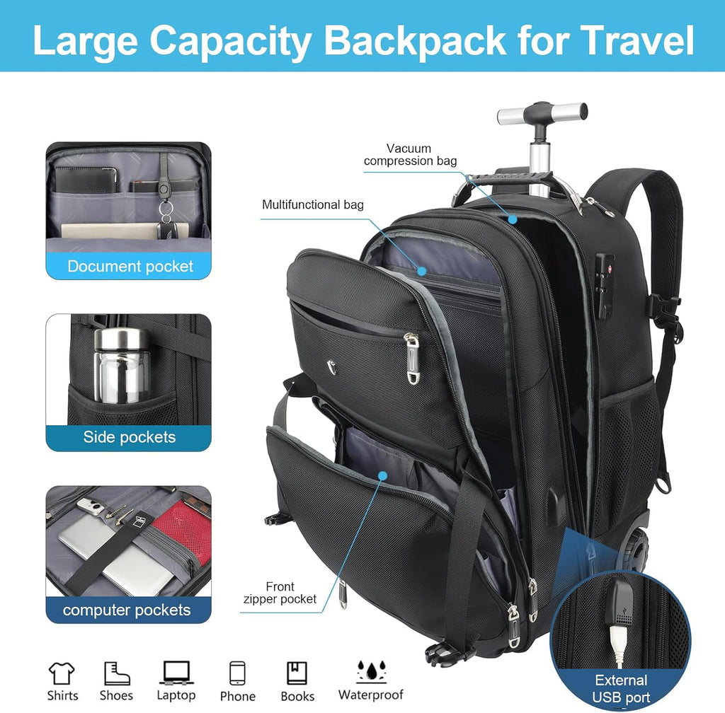 Vacuum Rolling Backpack,50L Roller Travel Laptop Backpack with Anti-Theft,rolling backpack for travel,Water-Resistant Carry-On Luggage,Business and Commuting (A)