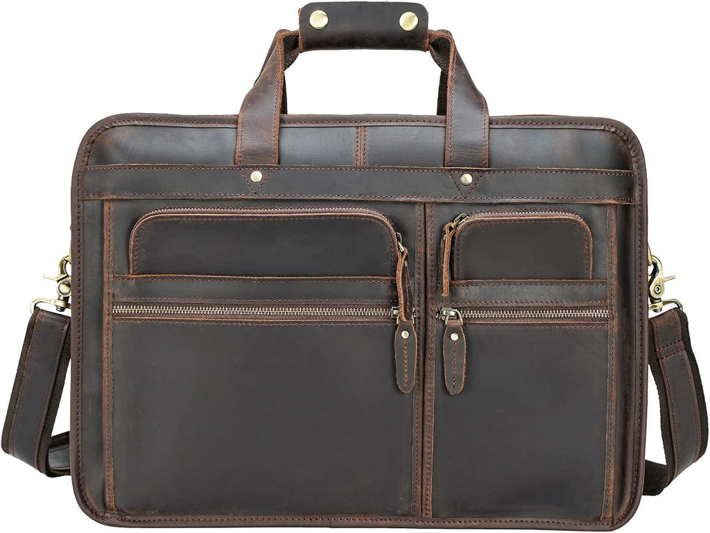 Polare 17'' Full Grain Leather Briefcase Laptop Attache Case Messenger Bag For Men Fits 15.6'' Laptop