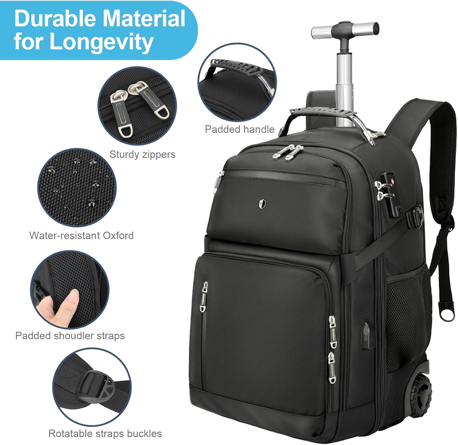 Vacuum Rolling Backpack,50L Roller Travel Laptop Backpack with Anti-Theft,rolling backpack for travel,Water-Resistant Carry-On Luggage,Business and Commuting (A)