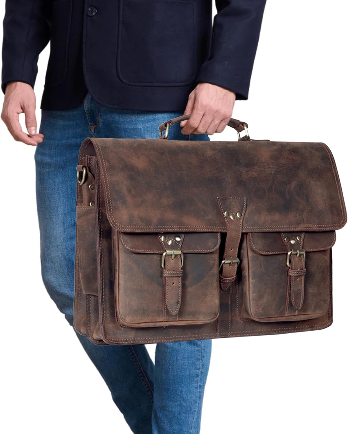 Vintage Leather Messenger Bag for Men & Women, Multi-Pocket Briefcase Satchel, Laptop Shoulder Bag