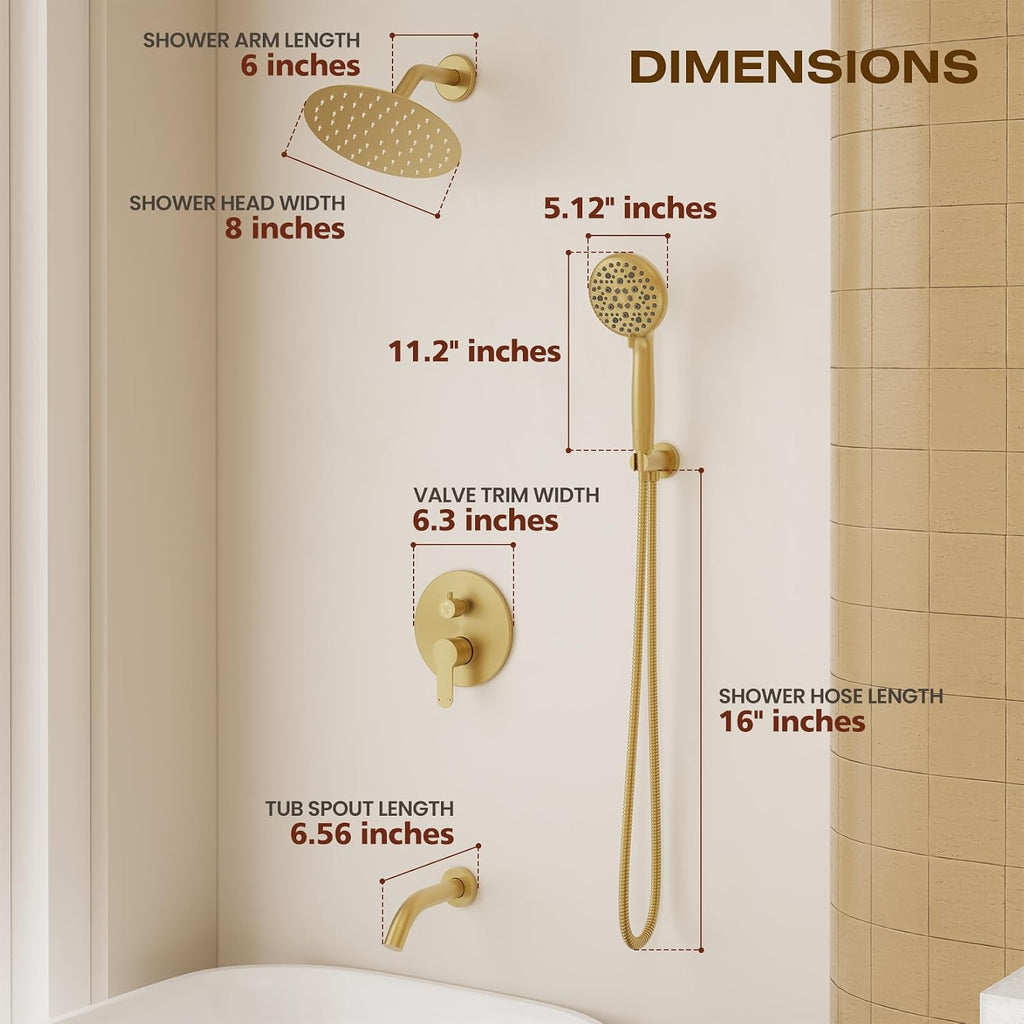 Brushed Gold Shower System with Tub Spout – 8-Inch Rain Shower Head & Filtered Handheld with 8 Spray Modes, Wall Mounted Bathroom Shower Combo Set