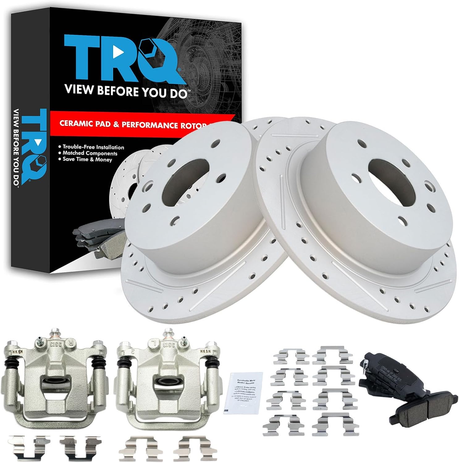 TRQ Performance Rear Brake Pad and Rotor Set Ceramic Solid Coated Rotors Calipers Compatible with 2009-2012 Nissan Altima 2007-2008 Maxima