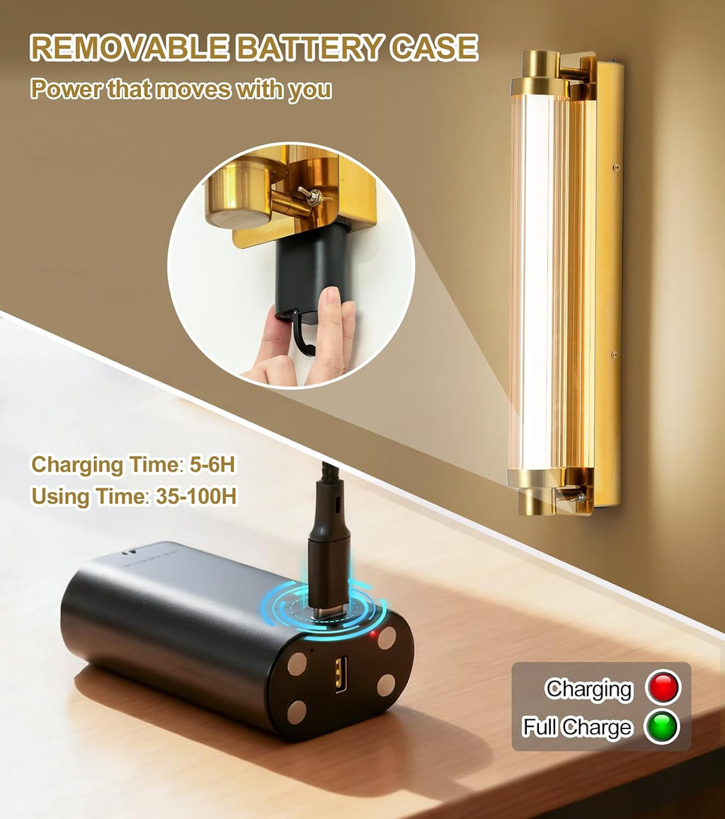 Battery Operated Wall Sconce Wall Decor Set of 2, Gold Rechargeable Wall Sconces 15000mAh Detachable Battery Wall Light Modern No Hardwiring Portable Lighting for Wall Painting, Bedroom, Hallway