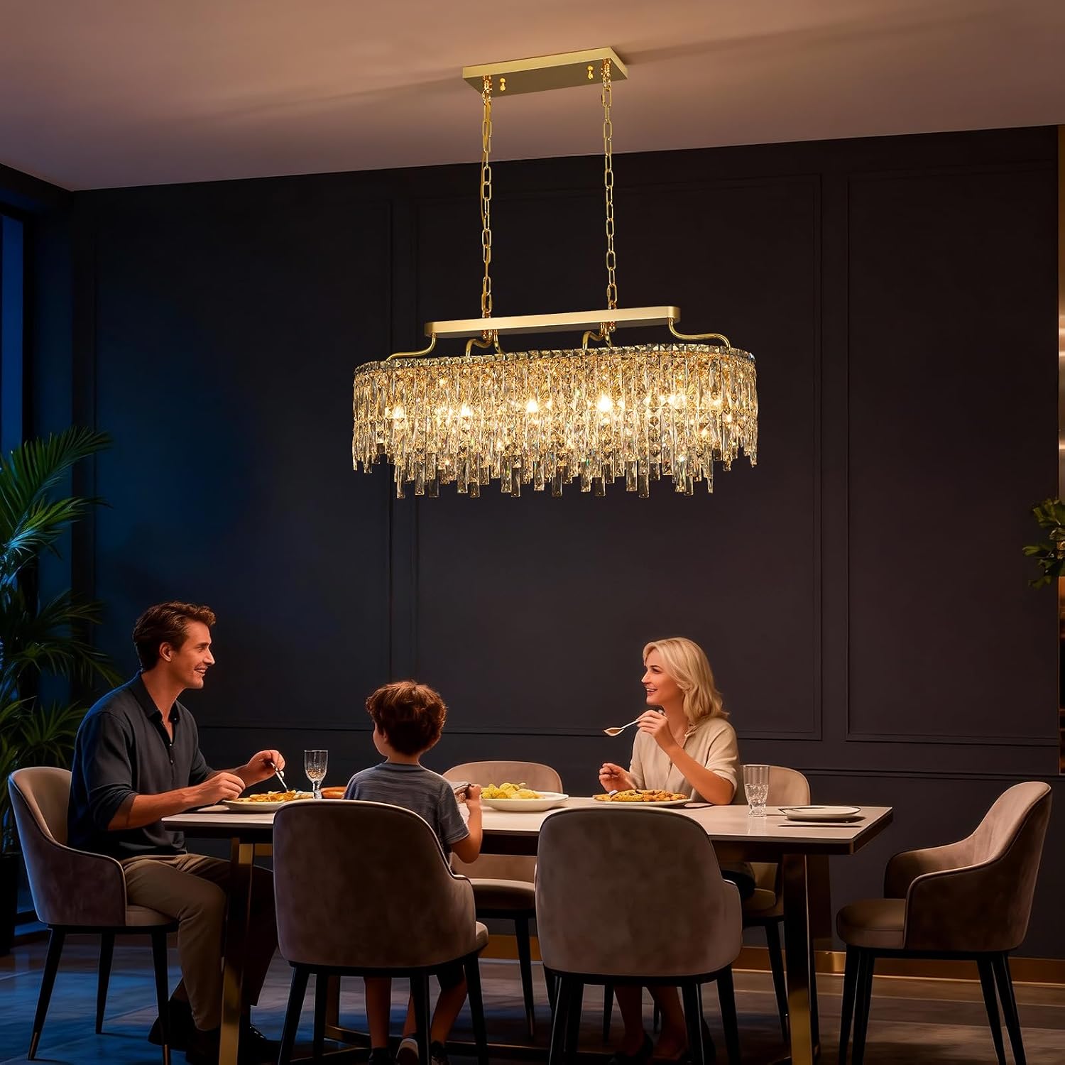 12-Lights Modern Gold Crystal Chandeliers for Dining Room Light Fixtures Over Table | L36' Luxury Crystal Chandeliers for Kitchen Island | Oval Hanging Lighting for Living Room Bedroom Bathroom