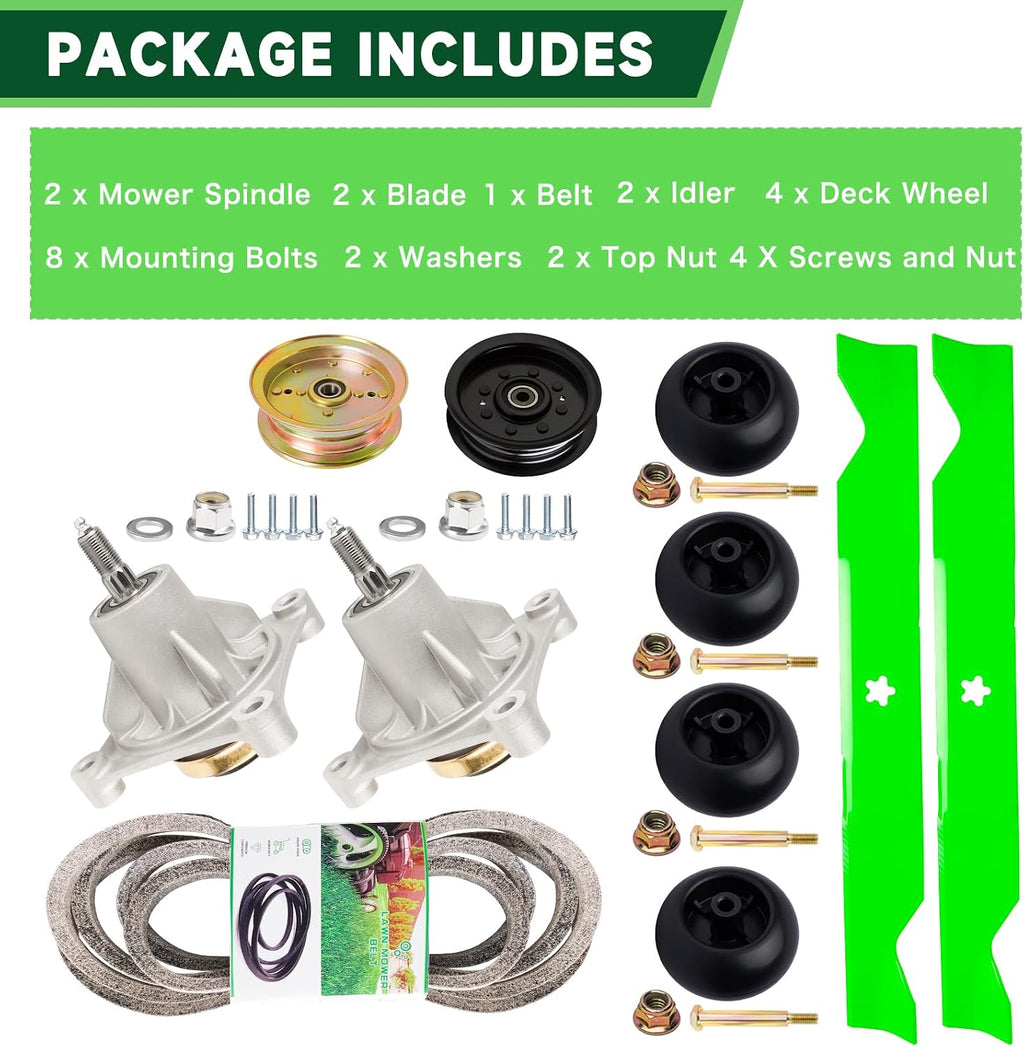 46' Mower Deck Rebuild Kit Fit for Husqvarna RZ46i RZ4621 RZ4623 Z246 Z246i Lawn Mower Includes 2 174356 Spindle 2 403107 Blade 2 Idler 196104 539132728 Be lt 1 539117245