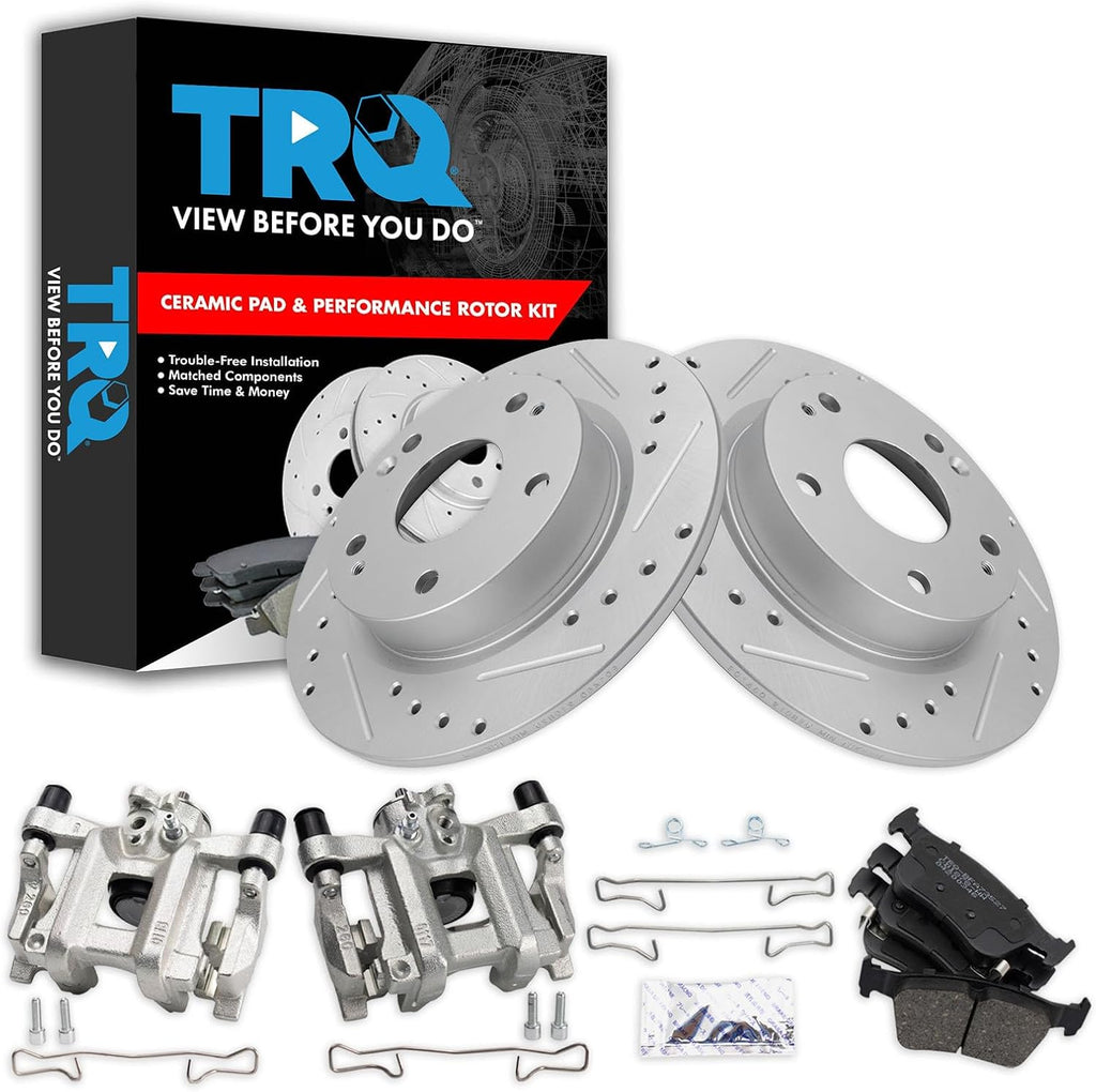 TRQ Performance Rear Brake Pad and Rotor Set Ceramic Solid G Coated Rotors Calipers Compatible with 2016-2019 Honda Civic