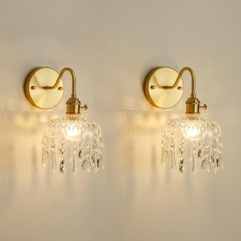 Crystal Wall Sconce Set, Gold Brass Fixture with Glass Shade and Hanging Crystals, Modern Elegant Wall Light, 2 Pack