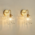 Crystal Wall Sconce Set, Gold Brass Fixture with Glass Shade and Hanging Crystals, Modern Elegant Wall Light, 2 Pack