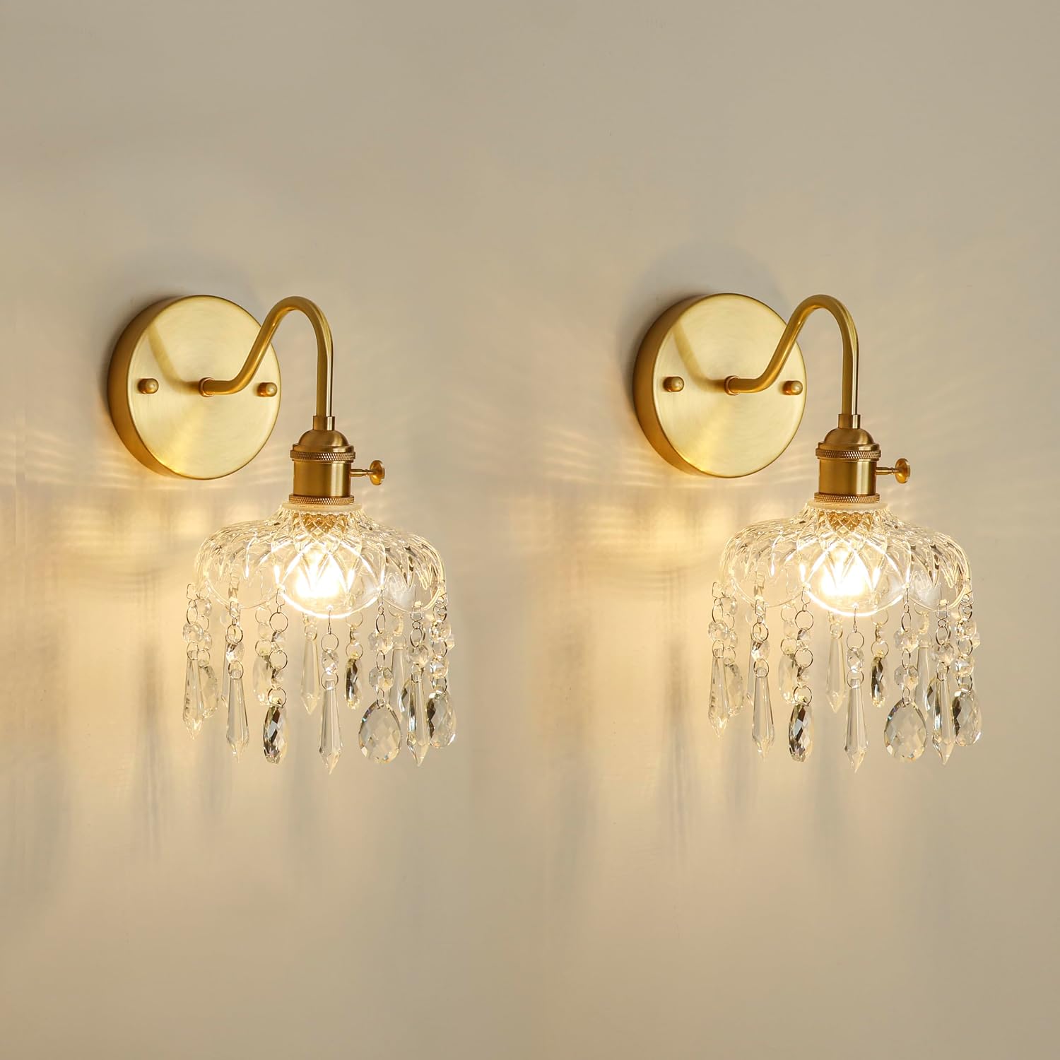 Crystal Wall Sconce Set, Gold Brass Fixture with Glass Shade and Hanging Crystals, Modern Elegant Wall Light, 2 Pack