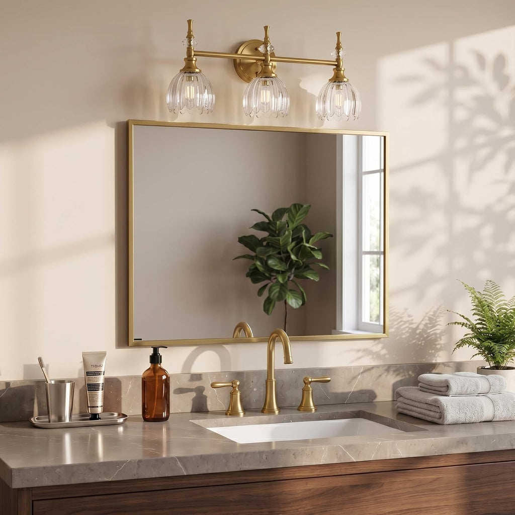ANDY STAR 3-Light Brushed Gold Bathroom Vanity Light, Transitional Sconce | Ribbed Glass & Crystal Accent, Damp-Resistant, Heat-Resistant E12 Base, Reversible Up/Down Mounting