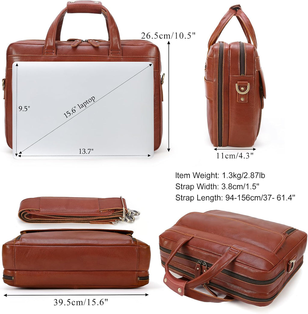 Masa Kawa Leather Briefcase for Men 15.6', 17' Laptop Computer Case Business Travel Work Messenger Cross Body Shoulder Bag
