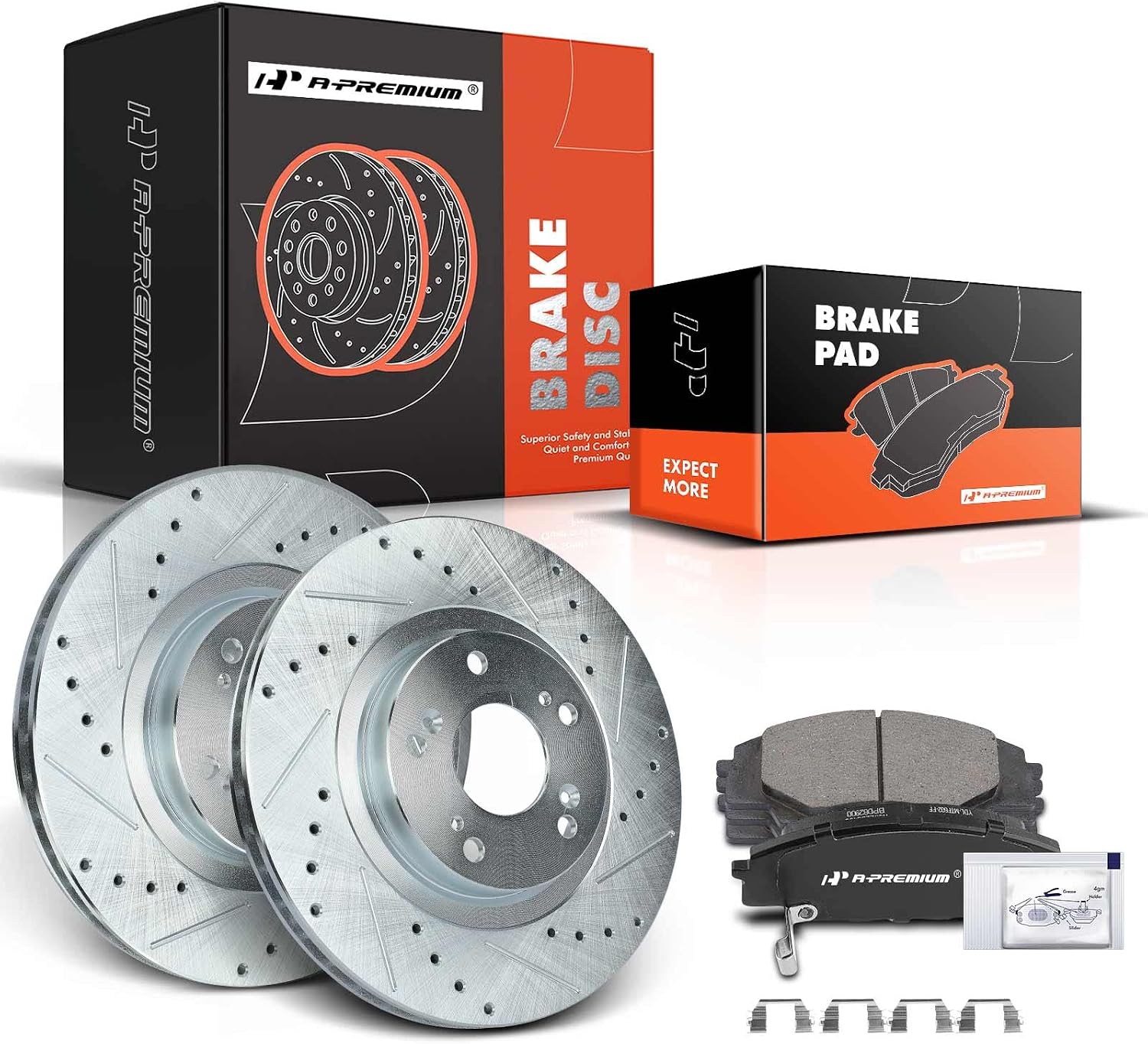 A-Premium 11.92 inch (303mm) Rear Drilled and Slotted Disc Brake Rotors + Ceramic Pads Kit Compatible with Select Toyota Models - RAV4 2004-2005, L4 2.4L, 6-PC Set