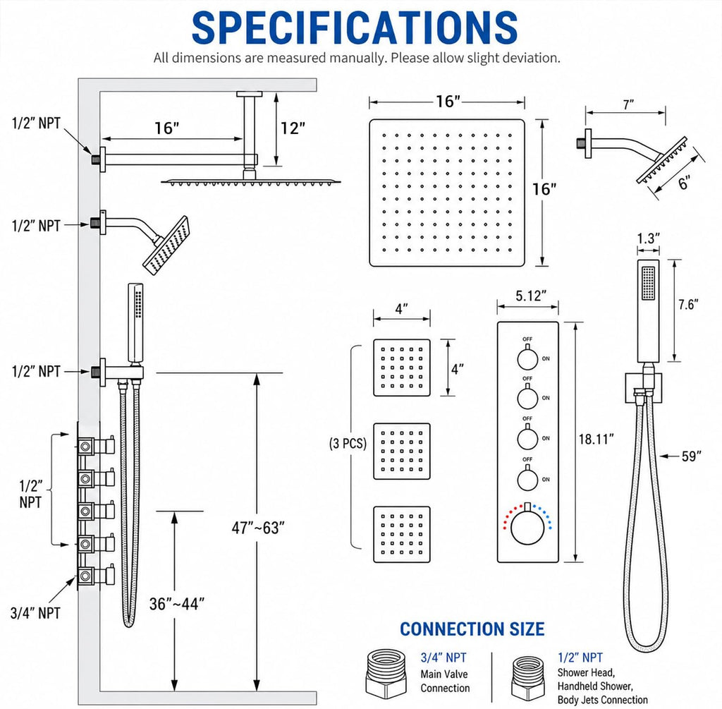 Thermostatic Dual Shower Heads System with 4-Inch Body Jets, Ceiling 16' Rainfall & Wall Mount 6' Shower Head, Luxury Brushed Nickel Shower Faucet Set with Handheld Sprayer for 2-Person/Tandem Shower