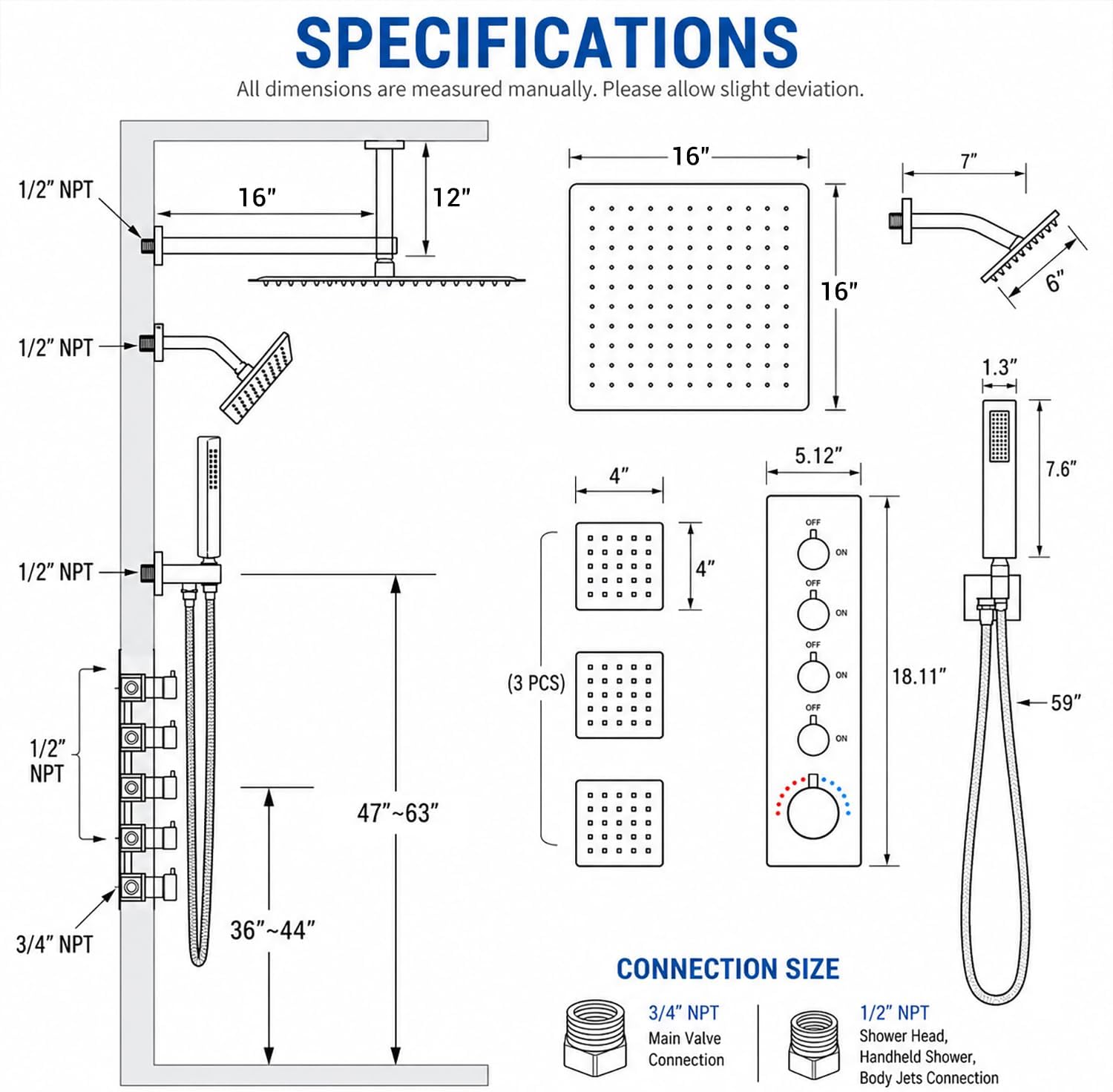 Matte Black Thermostatic Shower System with Body Jets, Ceiling 16' Rainfall Shower & Wall Mount 6-Inch Shower Head Luxury Shower Faucet Set with Handheld Spray, Dual Shower Heads Set
