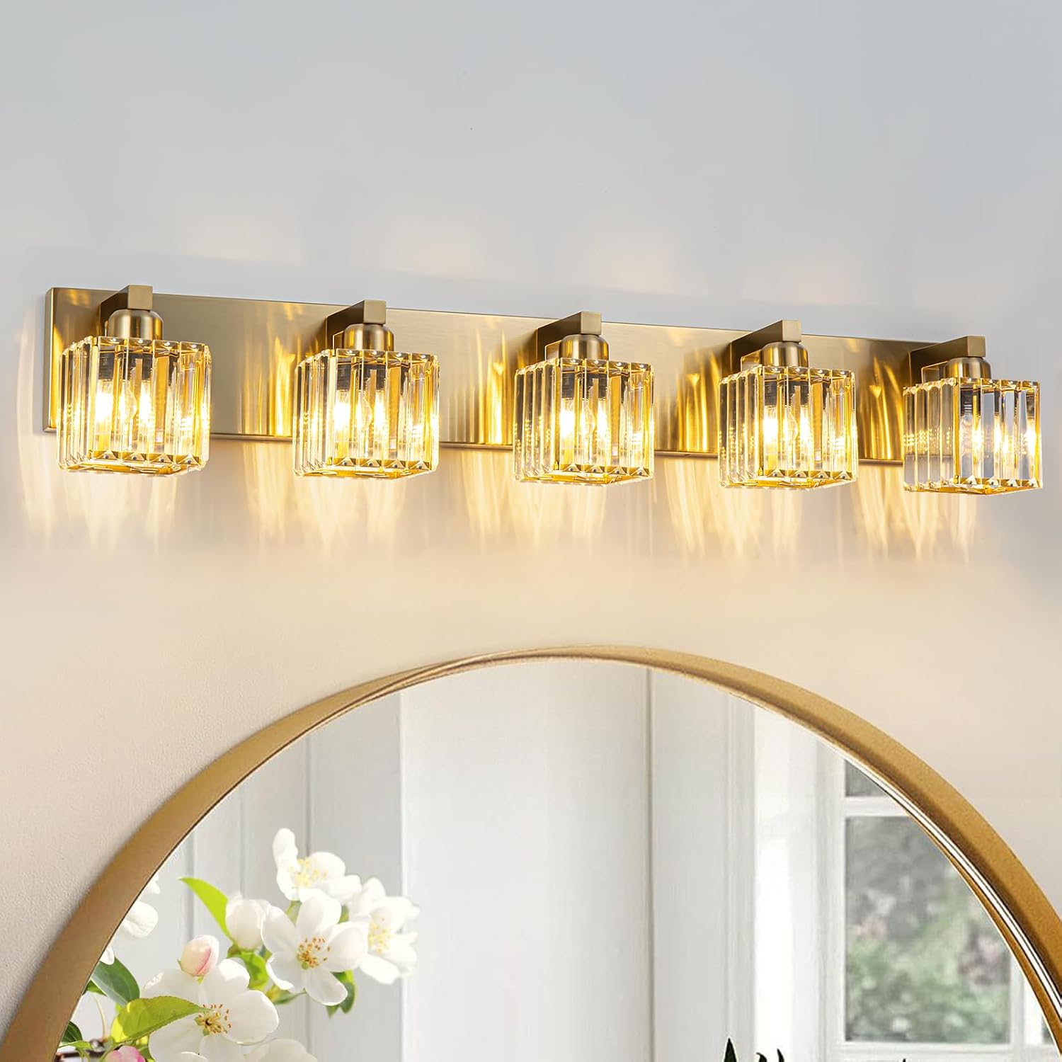 Gold Crystal Bathroom Vanity Lights, 5 Lights Bathroom Lighting Fixtures Over Mirror Modern Gold Crystal Wall Light with Square Shade