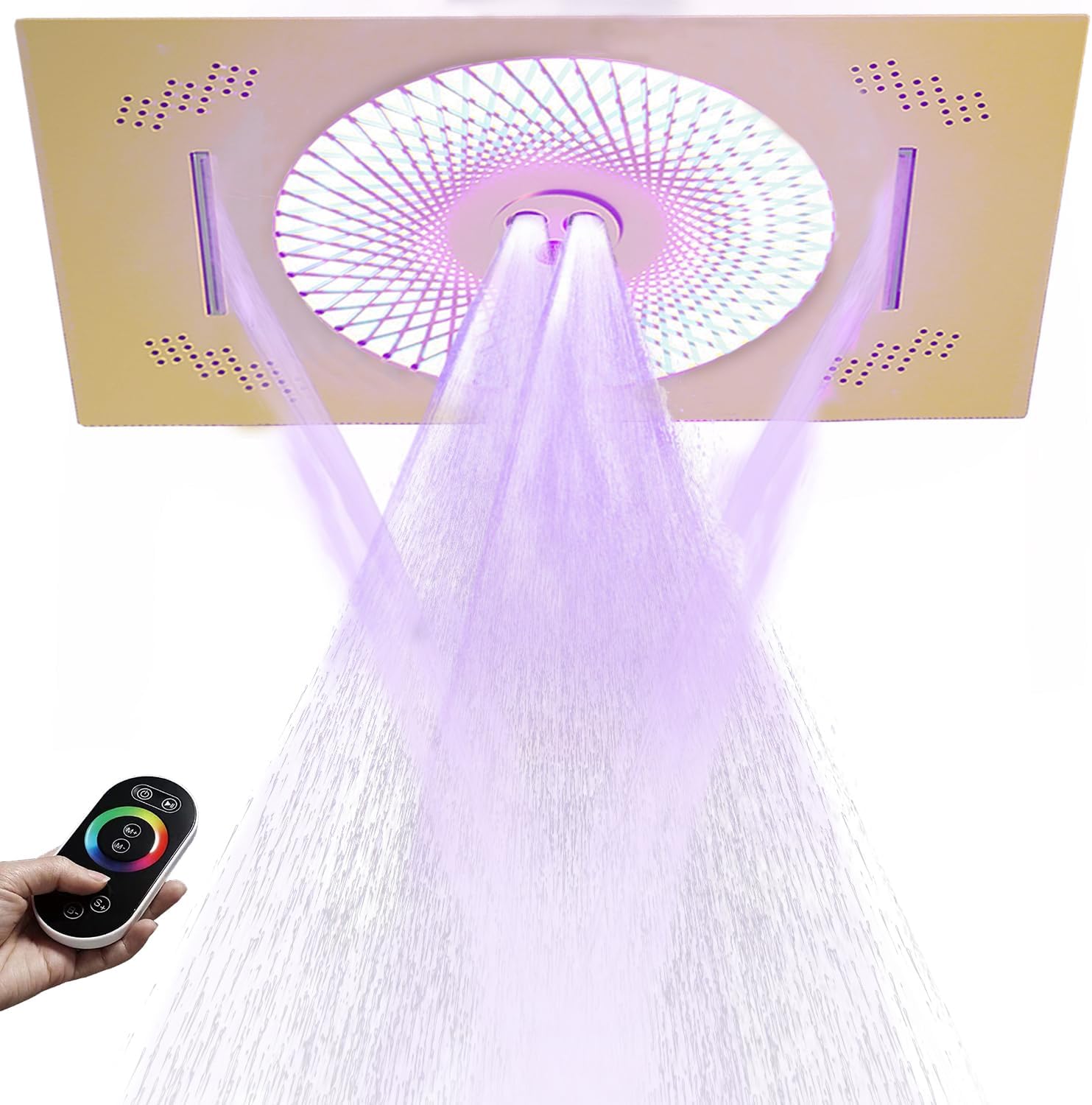 24x16 inch LED Shower head, 2 Function Stainless Steel Rectangle Waterfall And Mist Ceiling Mount Shower Head, 600 * 405mm Spray Waterfall Shower Head with Remote Control, Brushed Gold