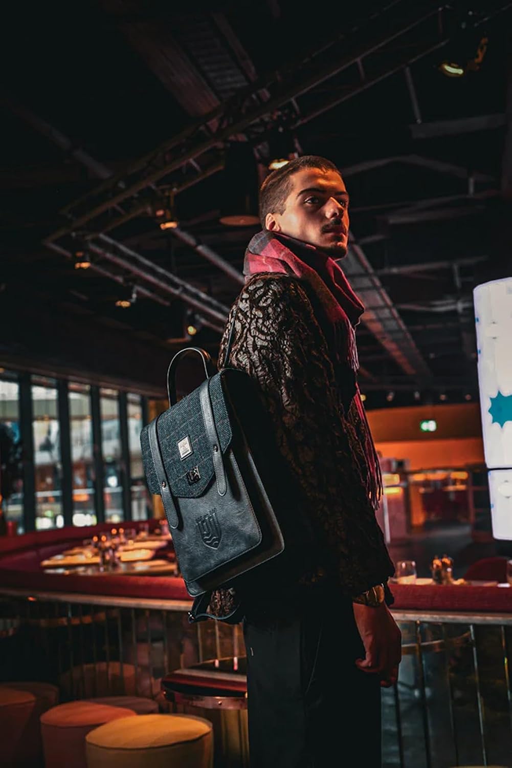 Islander Carloway Backpack for Men & Women, With Laptop Sleeve, Harris Tweed Vegan Leather (Black Watch)