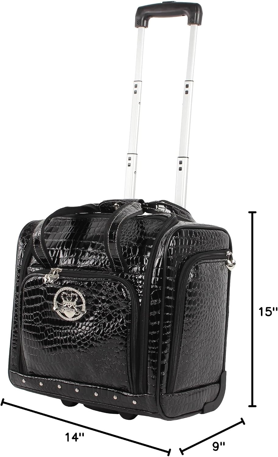 Kathy Van Zeeland Croco PVC Designer Underseat Luggage - 15 Inch Carry On Suitcase for Women- Lightweight Under Seat Bag with 2-Rolling Spinner Wheels (Black)