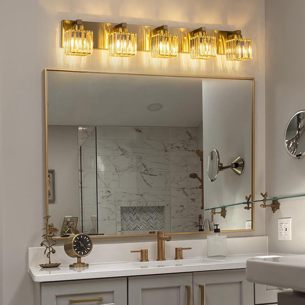 Gold Crystal Bathroom Vanity Lights, 5 Lights Bathroom Lighting Fixtures Over Mirror Modern Gold Crystal Wall Light with Square Shade