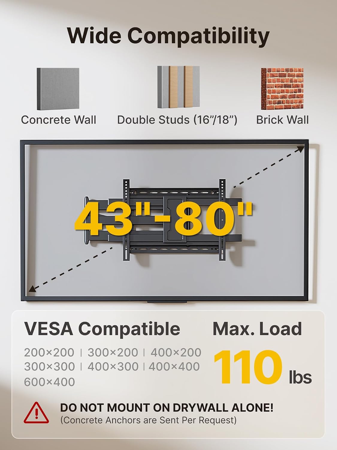 monTEK Long Arm TV Wall Mount for Most 43-80 Inch TVs, 42 Inch Long Extension TV Mount Swivel and Tilt, Full Motion Wall Mount Tv Bracket Fit Max VESA 600 x 400mm, Up to 110 lbs, 16',18' Studs