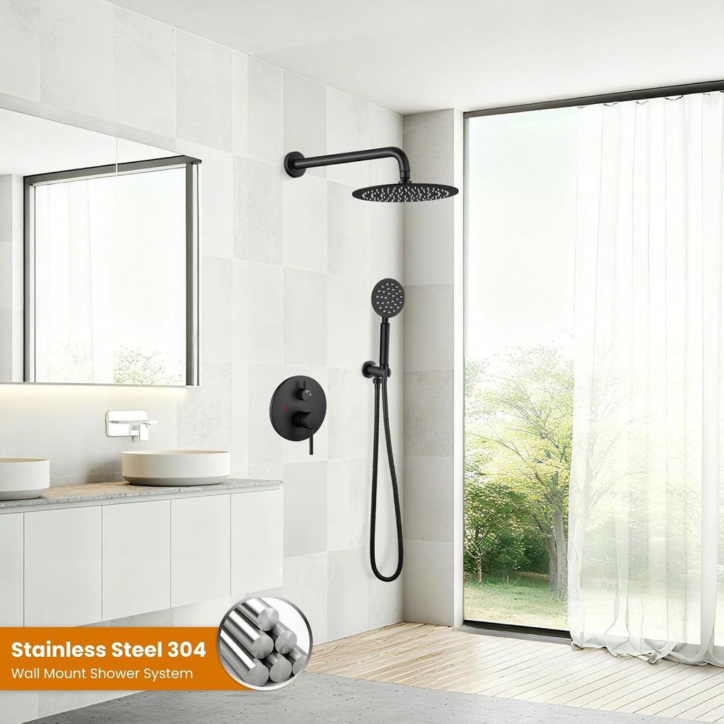 gotonovo Rain Shower System with 10 Inch Round Showerhead and Handheld High Pressure Shower Faucet Set Contain Rough in Valve, Matte Black