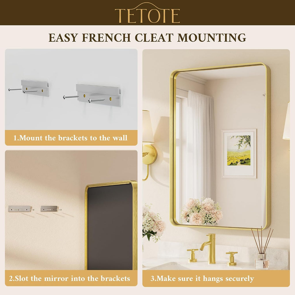 TETOTE Brushed Gold Bathroom Mirror, 40 x 24 Inch Metal Framed Mirror, Brushed Brass Rectangle Wall Mounted Golden Vanity Mirror (Horizontal/Vertical)