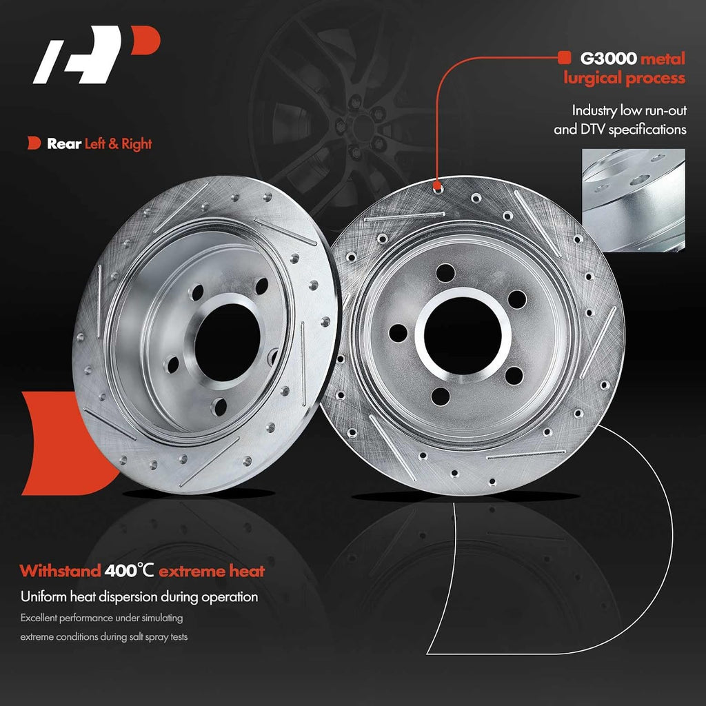 A-Premium 10.94 in(278 mm) Rear Drilled and Slotted Disc Brake Rotors + Ceramic Pads Kit Compatible with Buick, Chevy, Oldsmobile & Pontiac - Century, Impala, Monte Carlo, Grand Am, Grand Prix, 6-PC
