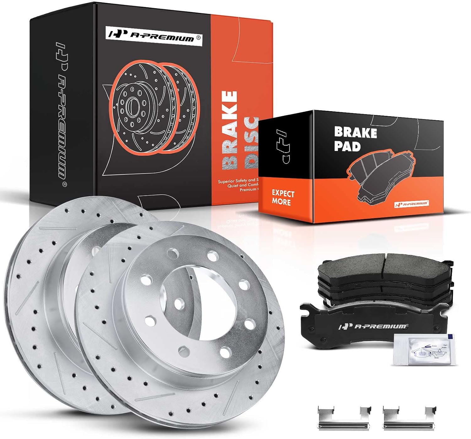 A-Premium 12.99 in(330mm) Rear Drilled and Slotted Disc Brake Rotors + Ceramic Pads Kit Compatible with Select Chevy, GMC and Hummer - Silverado 1500 HD, Suburban, Sierra 1500, Yukon XL 2500, H2