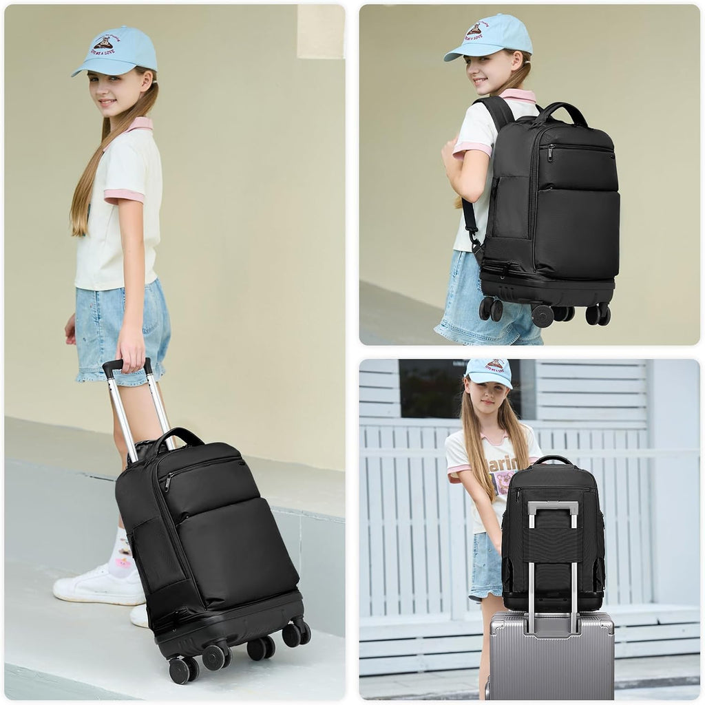 Rolling Backpack with Removable Wheels,18 inch Laptop Backpack with Wear-Resistant Chassis Carry on Travel Backpack Water Resistant Wheeled Backpacks for Women Men