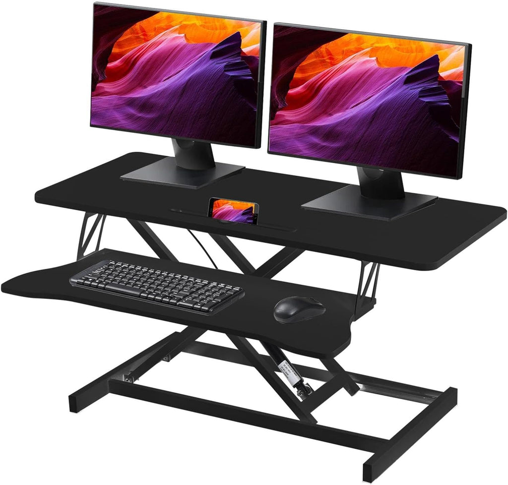38-inch Standing Desk Converter Height Adjustable Sit to Stand Up Workstation, Duals Monitor and Laptop Riser with Wide Keyboard Tray, for Home, School, Company, Black