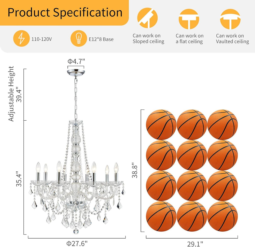 WUZUPS 8-Light Crystal Candle Chandelier Pendant Ceiling Light Modern Lighting Fixture for Bedroom Hallway Bar Kitchen Bathroom, H 35.4' W 27.6', E12 Base, Chrome