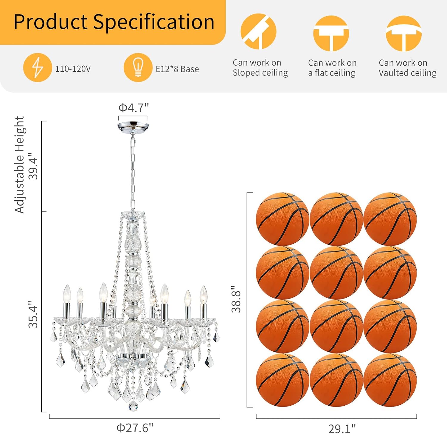 WUZUPS 8-Light Crystal Candle Chandelier Pendant Ceiling Light Modern Lighting Fixture for Bedroom Hallway Bar Kitchen Bathroom, H 35.4' W 27.6', E12 Base, Chrome