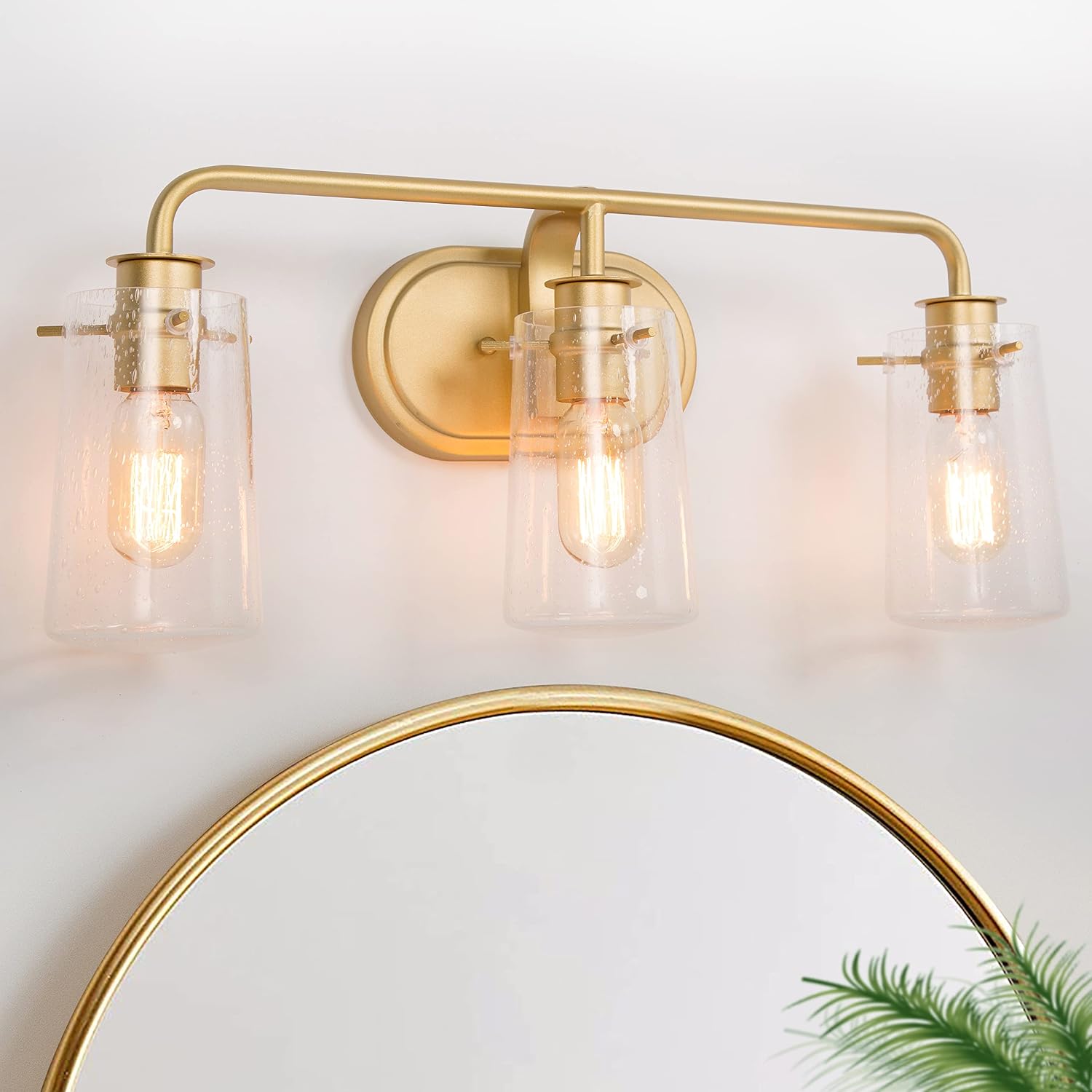 KSANA Gold Bathroom Light Fixtures, Modern Vanity Lights for Bathroom, 3-Light Bathroom Lights Over Mirror with Seeded Glass Shade and Soft Gold Finish, 22.5'' L x 5.5' W x 9'' H