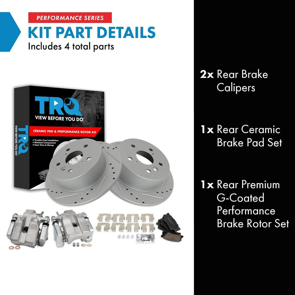 TRQ Performance Rear Brake Pad and Rotor Set Ceramic Solid Coated Rotors Calipers Compatible with 2007-2012 Lexus ES350 2008-2012 Toyota Avalon 2007-2011 Camry