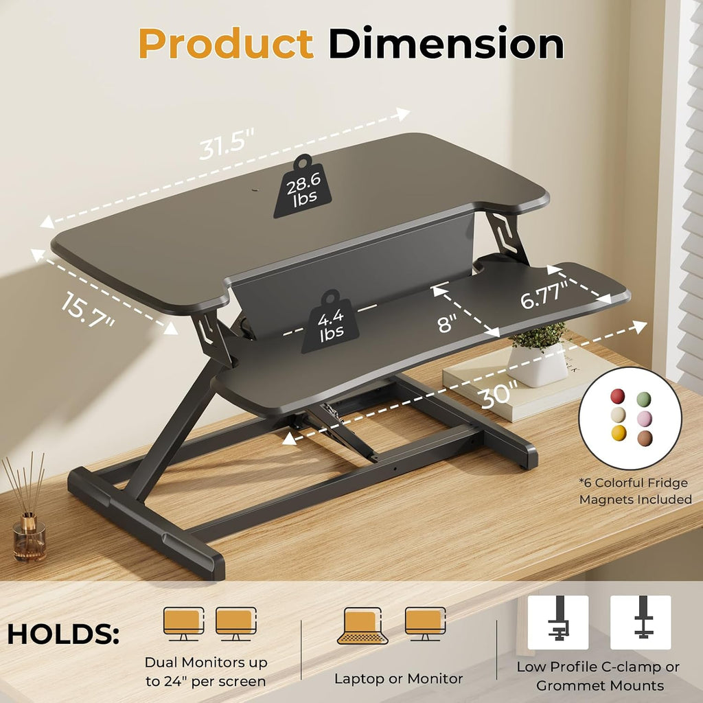 JOY worker Standing Desk Converter, 32' Height Adjustable Sit Stand Up Desk Riser with Keyboard Tray & 6 Fridge Magnets, Desktop Workstation Riser for Home Office Computer Laptop, Black