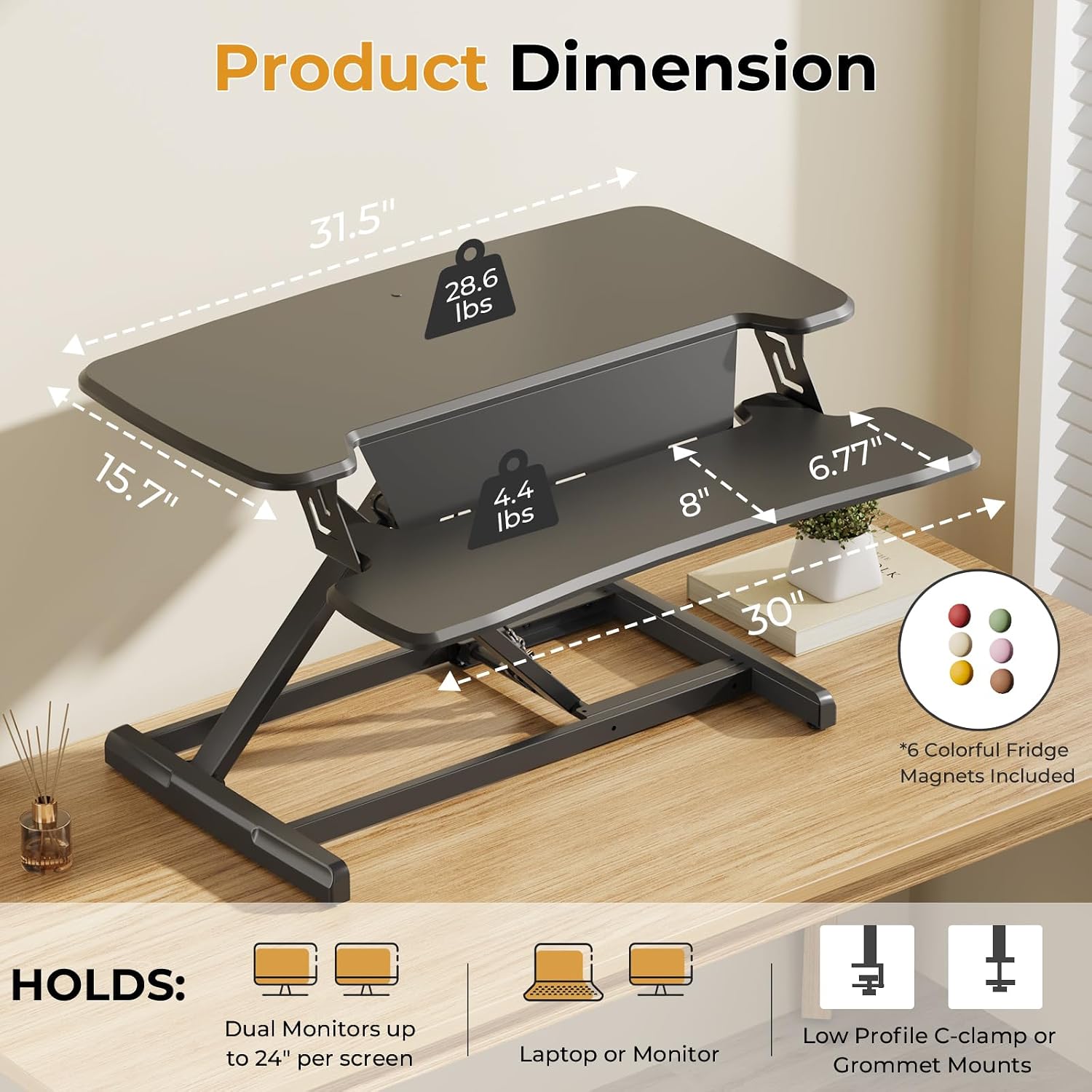 JOY worker Standing Desk Converter, 32' Height Adjustable Sit Stand Up Desk Riser with Keyboard Tray & 6 Fridge Magnets, Desktop Workstation Riser for Home Office Computer Laptop, Black